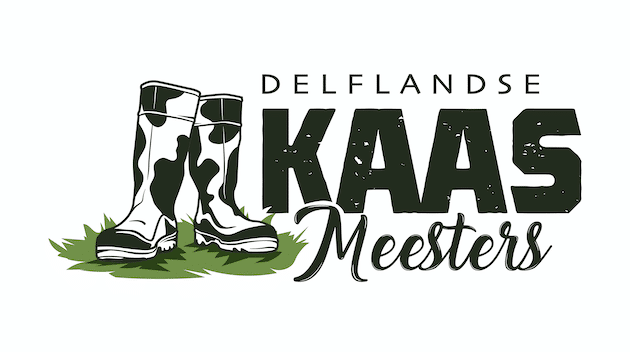 logo van de delflandse kaasmeesters met een paar wit/zwart gevlekte laarzen in het gras en de woorden Delfllandse Kaasmeesters