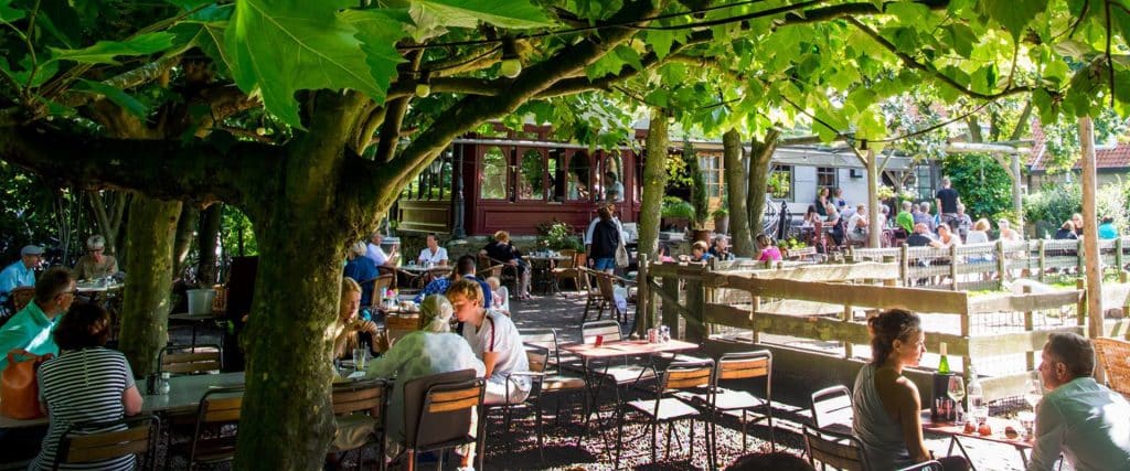terras van Café du Midi onder de platanen op een zonnige dag in Delfgauw