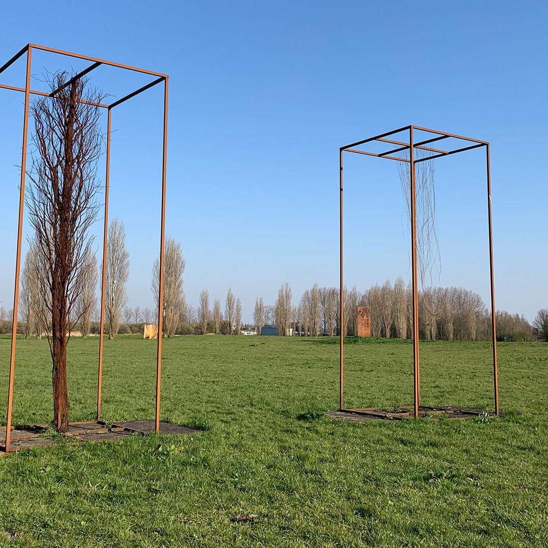 verroeste stalen frames met daarin een boom in het polderlandschap van Midden-Delfland bij kunst landschapspark Land Art Delft