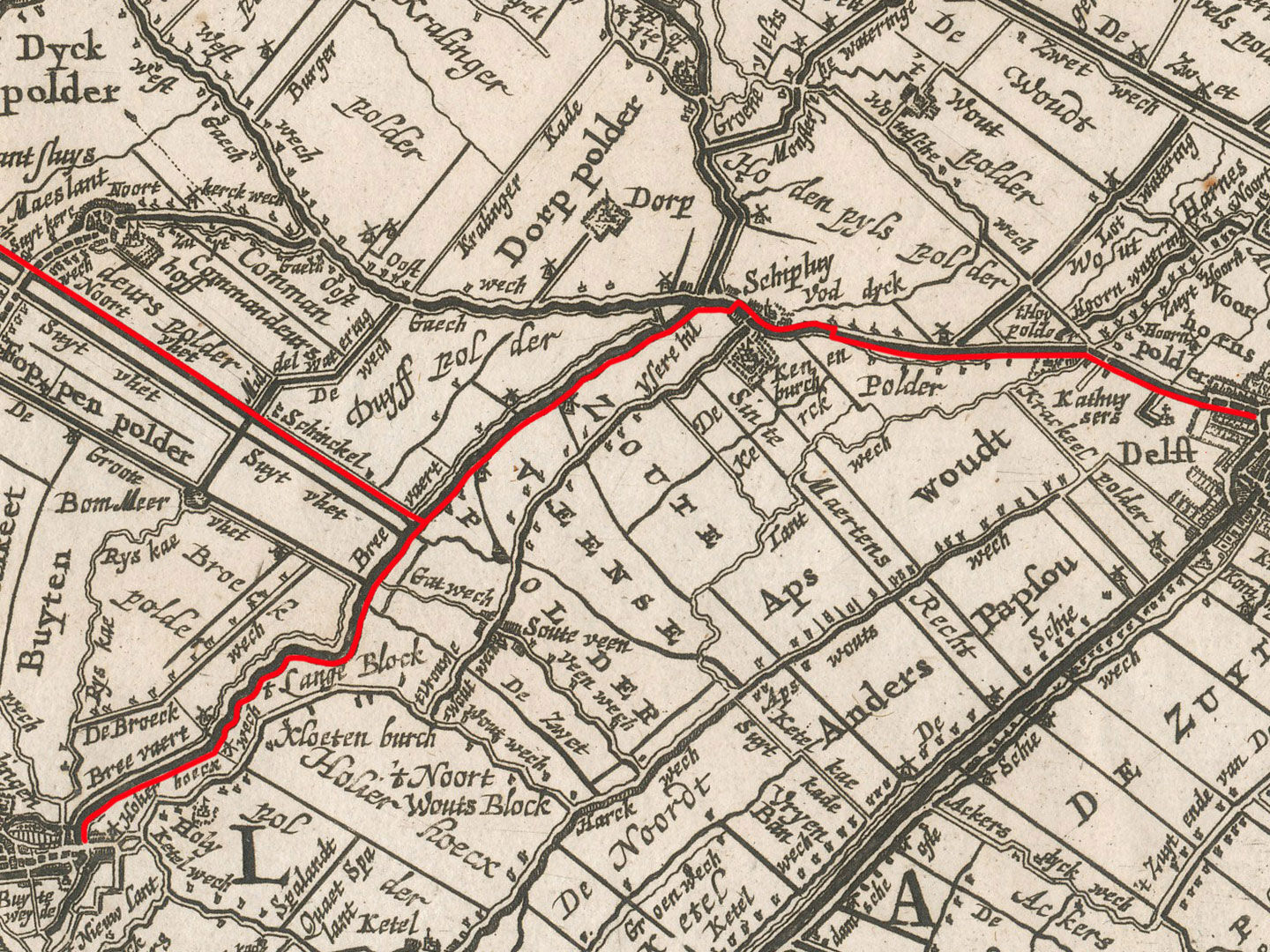 historisch kaart van de Delflandse trekvaartroutes tussen Delft, Vlaardingen en Maassluis