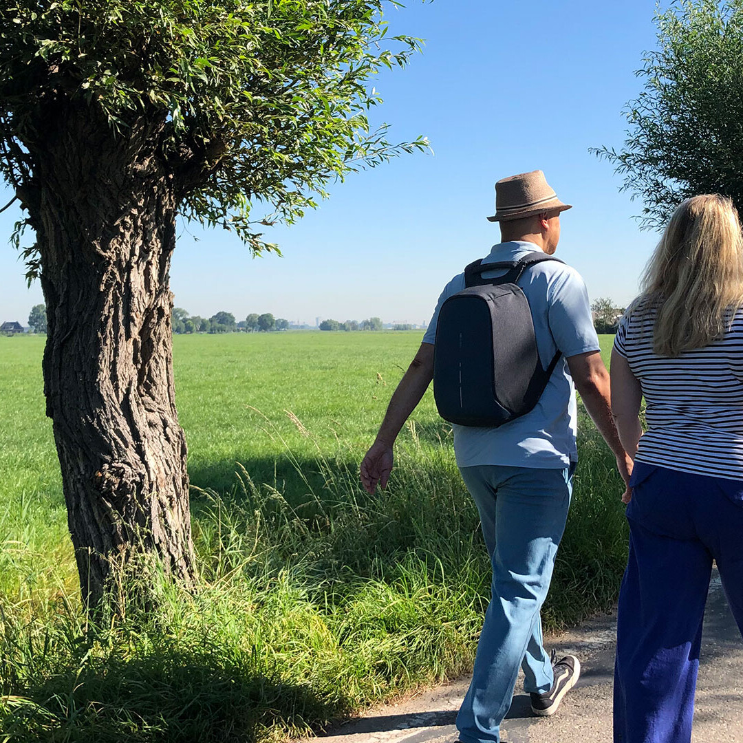 wandelaar wandelen in de Zouteveense polder tussen de weilanden en de knotwilgen op een zonnige dag in Midden-Delfland