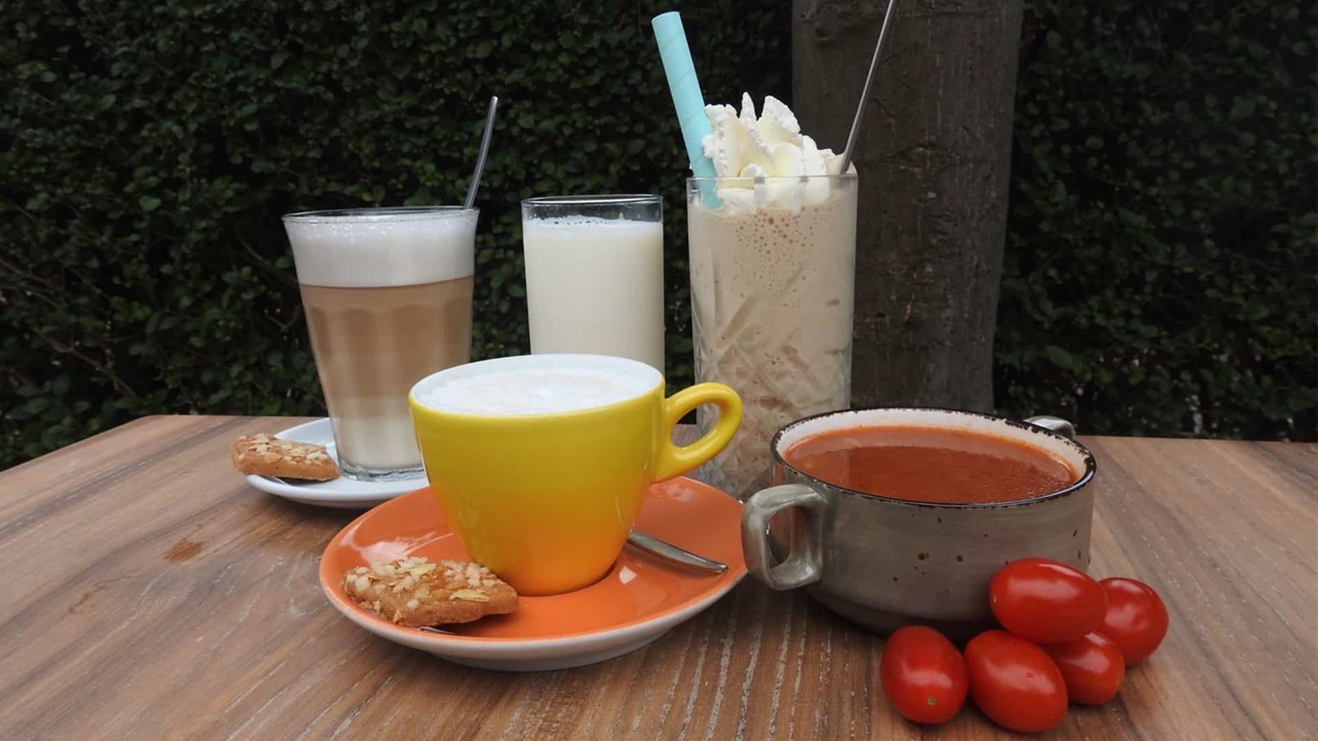 Robin van Vliet van koffiehuis de Hooiberg in Midden-Delfland koffies en tomatensoep op tafel met streekproducten uit Midden-Delfland
