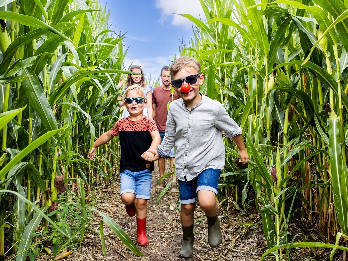 twee broertjes rennen door het maisdoolhof van Hoeve Bouwlust in Midden-Delfland op een zomerse dag